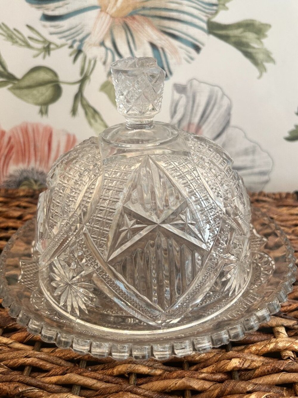 Vintage Pressed Glass Covered Butter Dish, Cottage Display Piece